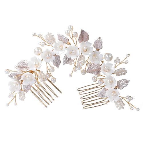 Bridal Decorative Hair Comb, Tibetan Style, with brass wire & Polymer Clay & Plastic Pearl, handmade, fashion jewelry & for woman, golden, 160x80x15mm, Sold By PC
