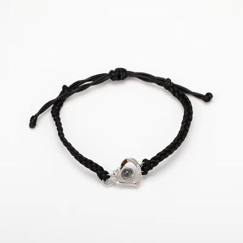 Brass Miniature Projection Bracelet, with Wax Cord, Heart, platinum plated, fashion jewelry & Unisex & with rhinestone, Length:Approx 6.7 Inch, Sold By PC