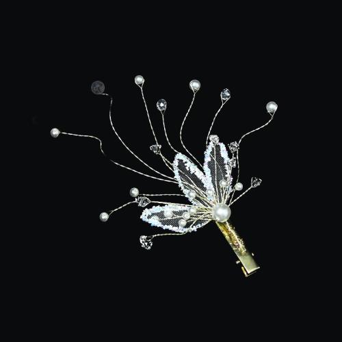 Alligator Hair Clip, Tibetan Style, with Gauze & brass wire & Crystal & Plastic Pearl, handmade, fashion jewelry & for woman, golden, 180x50x50mm, Sold By PC