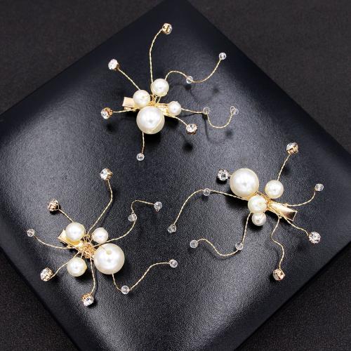 Alligator Hair Clip, Tibetan Style, with brass wire & Crystal & Plastic Pearl, handmade, three pieces & fashion jewelry & for woman, golden, 25x25x75mm, Sold By Set
