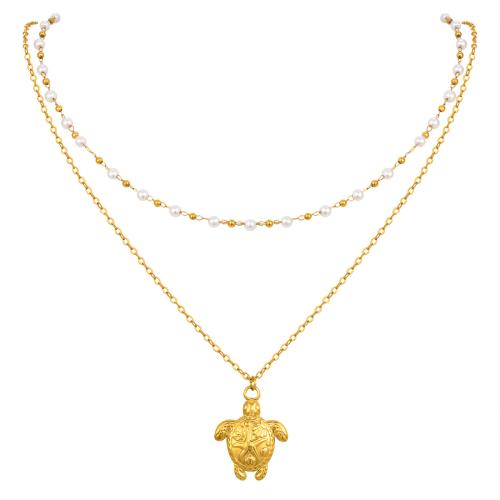 Multi Layer Necklace, 304 Stainless Steel, with Plastic Pearl, plated, Double Layer & fashion jewelry & for woman, golden, Sold By PC