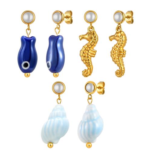 Stainless Steel Drop Earring, 304 Stainless Steel, with Porcelain & Plastic Pearl, plated, fashion jewelry & different styles for choice & for woman, golden, Sold By Pair