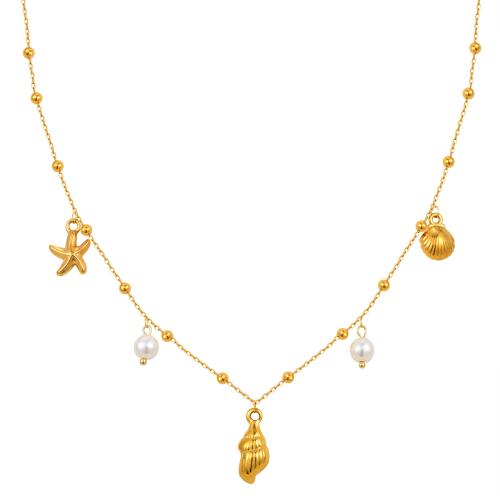 Stainless Steel Jewelry Necklace, 304 Stainless Steel, with Glass Pearl, 18K gold plated, fashion jewelry & for woman, Sold By PC