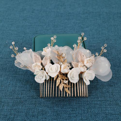 Decorative Hair Combs, Tibetan Style, with Gauze & brass wire & Polymer Clay & Crystal, handmade, fashion jewelry & for woman, golden, 140x140x65mm, Sold By PC