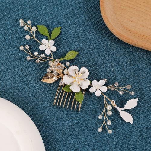 Decorative Hair Combs, Tibetan Style, with brass wire & Plastic Pearl, handmade, fashion jewelry & for woman & with rhinestone, golden, 150x150x75mm, Sold By PC