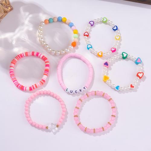 Polymer Clay Bracelet Set, with Plastic Pearl & Acrylic, fashion jewelry, more colors for choice, 7PCs/Bag, Sold By Bag