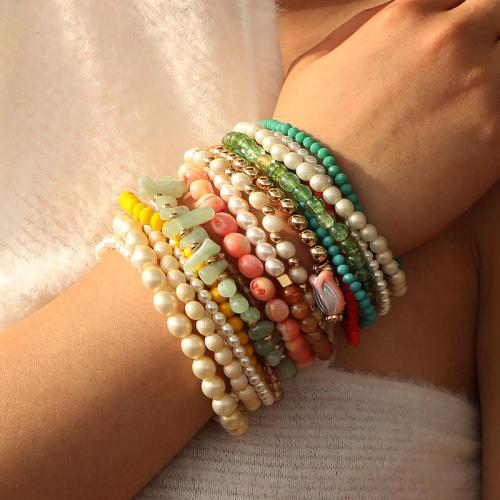Fashion Bracelet & Bangle Jewelry, Plastic Pearl, with Natural Stone & Crystal & Resin & Copper Coated Plastic, fashion jewelry, more colors for choice, 17PCs/Set, Sold By Set