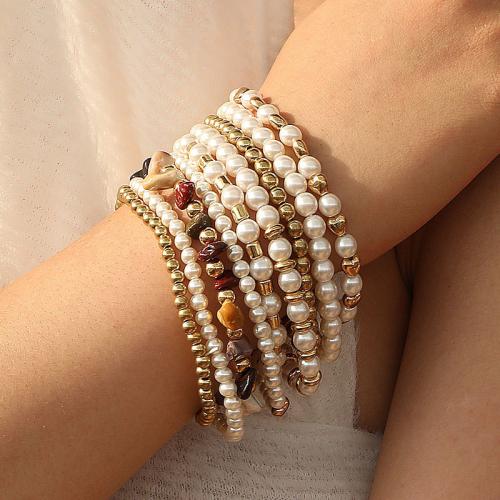 Fashion Bracelet & Bangle Jewelry, Plastic Pearl, with Natural Stone & Copper Coated Plastic, fashion jewelry, more colors for choice, 9PCs/Set, Sold By Set
