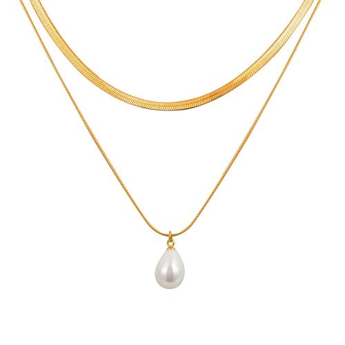 Multi Layer Necklace, 304 Stainless Steel, with Plastic Pearl, plated, Double Layer & fashion jewelry & for woman, golden, Sold By PC