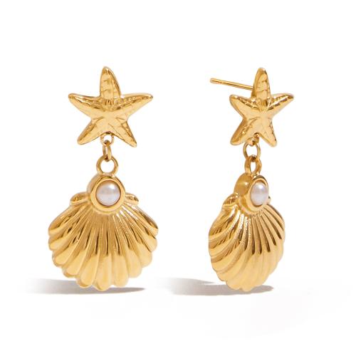 Stainless Steel Drop Earring, 304 Stainless Steel, with Shell Pearl, plated, fashion jewelry & for woman, golden, Sold By Pair