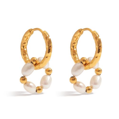 Stainless Steel Drop Earring, 304 Stainless Steel, with Plastic Pearl, plated, fashion jewelry & different styles for choice & for woman, golden, Sold By Pair
