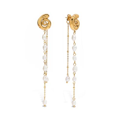 Stainless Steel Drop Earring, 304 Stainless Steel, with Plastic Pearl, plated, fashion jewelry & different styles for choice & for woman, golden, Sold By Pair