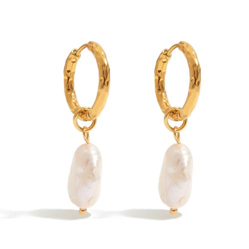 Stainless Steel Drop Earring, 304 Stainless Steel, with Plastic Pearl, plated, fashion jewelry & different styles for choice & for woman, golden, Sold By Pair