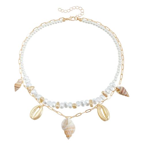 Tibetan Style Jewelry Necklace, with Trumpet Shell & Plastic Pearl, plated, Double Layer & fashion jewelry & for woman, golden, Sold By PC