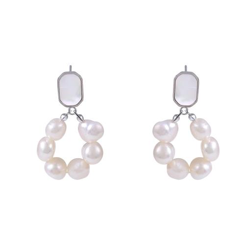Stainless Steel Drop Earring, 304 Stainless Steel, with Shell & Freshwater Pearl, plated, fashion jewelry & for woman, Sold By PC