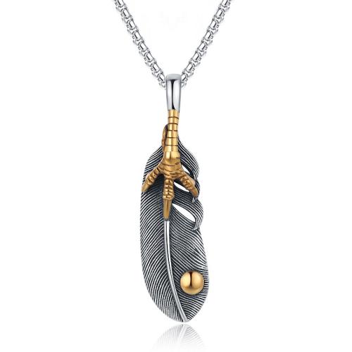 Titanium Steel Necklace, Feather, plated, vintage & for man, Length:Approx 23.6 Inch, Sold By PC