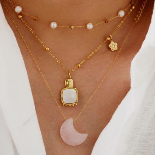Titanium Steel Bracelet and Necklace, with Gemstone & White Shell & Plastic Pearl, gold color plated, different styles for choice & for woman, Sold By PC