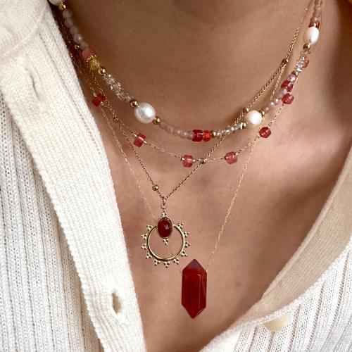 Acier titane collier, avec agate rouge & Strawberry Quartz, Placage de couleur d'or, styles différents pour le choix & pour femme, Vendu par PC