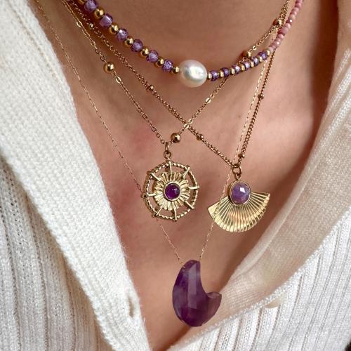 Acier titane collier, avec améthyste & perle de plastique, Placage de couleur d'or, styles différents pour le choix & pour femme, Vendu par PC