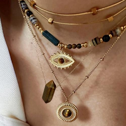 Acier titane parure de bijoux, avec Pierre naturelle & oeil de tigre, Placage de couleur d'or, styles différents pour le choix & pour femme, Vendu par PC