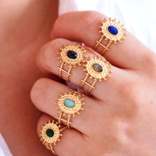 Titanium Steel Cuff Finger Ring, with Gemstone, Flower, gold color plated, different materials for choice & Unisex, US Ring Size:6-9, Sold By PC