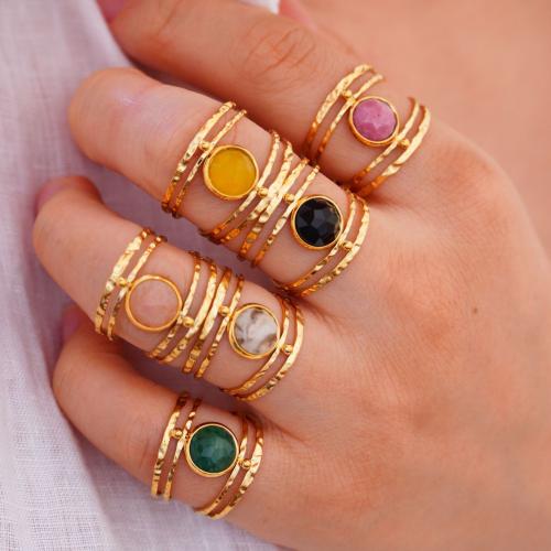 Titanium Steel Cuff Finger Ring, with Gemstone, Geometrical Pattern, gold color plated, different materials for choice & Unisex & hollow, US Ring Size:6-9, Sold By PC
