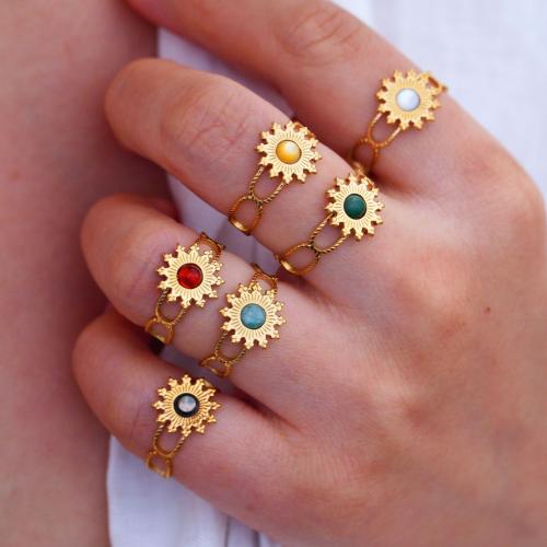 Titanium Steel Cuff Finger Ring, with Gemstone, Flower, gold color plated, different materials for choice & Unisex, US Ring Size:6-9, Sold By PC