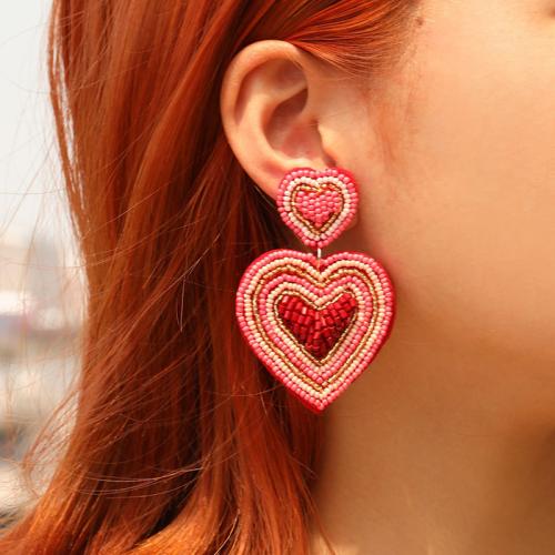 Ohrring Schmuck, Seedbead, mit Stoff & Glas, Herz, Modeschmuck, rot, verkauft von Paar
