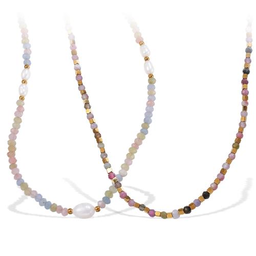 Natural Freshwater Pearl Necklace, 304 Stainless Steel, with Natural Stone & Freshwater Pearl, plated, fashion jewelry & different styles for choice & for woman, multi-colored, Sold By PC