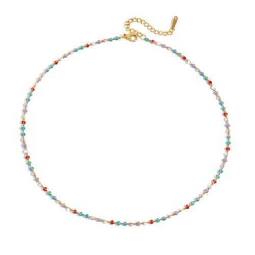 Glass Seed Beads Necklace, 304 Stainless Steel, with Seedbead, gold color plated, fashion jewelry & for woman, multi-colored, Sold By PC