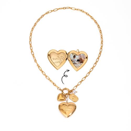 Fashion Locket Necklace, 304 Stainless Steel, with Plastic Pearl, plated, can open and put into something & fashion jewelry & for woman, golden, Sold By PC