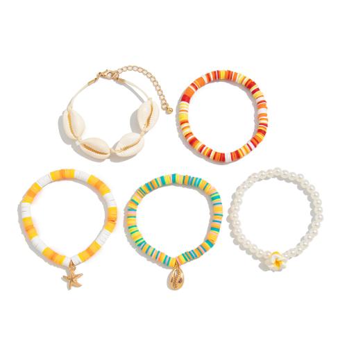 Polymer Clay Bracelet Set, with Elastic Thread & Shell & Copper Coated Plastic & Plastic Pearl, handmade, fashion jewelry & different styles for choice & for woman, mixed colors, Sold By Set