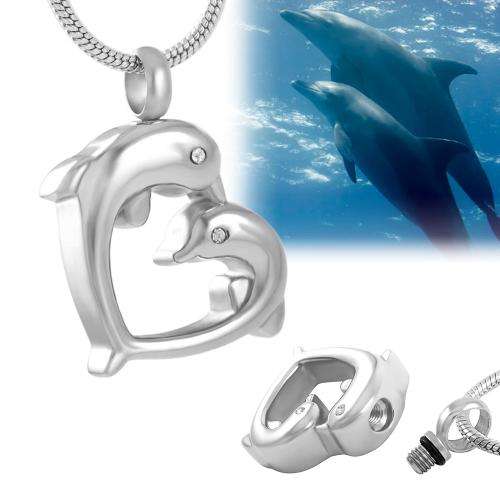 304 Stainless Steel Cinerary Casket Pendant, Dolphin, silver color plated, DIY & with rhinestone, silver color, 25x20x6mm, Sold By PC