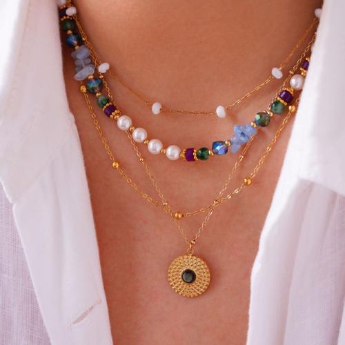 Titanium Steel Necklace, with Glass Beads & Shell & Plastic Pearl, gold color plated, different styles for choice & for woman, Length:Approx 16-18 Inch, Sold By PC