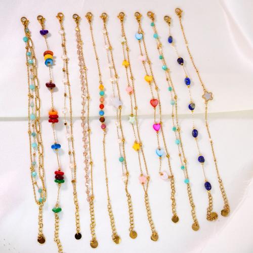 Titanium Steel Bracelet, with Gemstone & Freshwater Pearl, gold color plated, different styles for choice & for woman, Length:Approx 6-8 Inch, Sold By PC