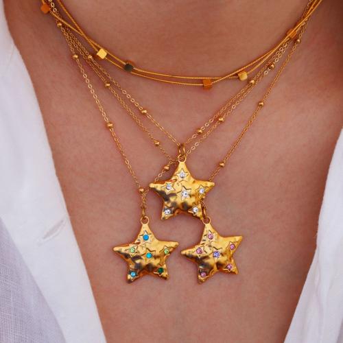 Acier titane collier, étoile, Placage de couleur d'or, pour femme & avec strass, plus de couleurs à choisir, Longueur:Environ 16-18 pouce, Vendu par PC