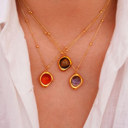 Acier titane collier, avec pierre gemme, Placage de couleur d'or, différents matériaux pour le choix & pour femme, Longueur:Environ 16-18 pouce, Vendu par PC