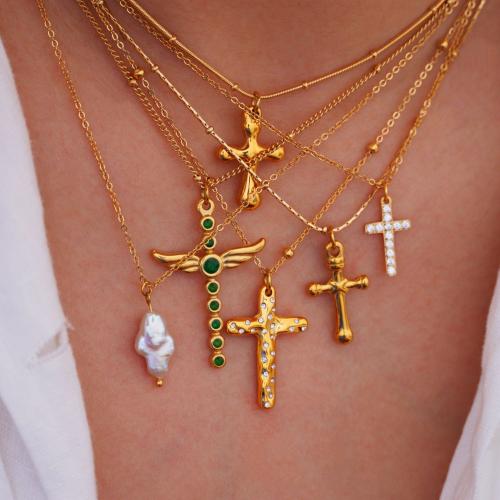 Acier titane collier, avec Pierre naturelle, croix, Placage de couleur d'or, styles différents pour le choix & pour femme & avec strass, Longueur:Environ 16-18 pouce, Vendu par PC