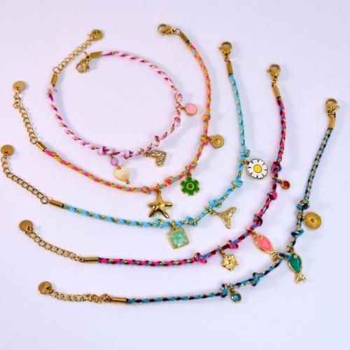 Titanium Steel Bracelet, with Natural Stone & Polyester Cord, gold color plated, different styles for choice & for woman & enamel & with rhinestone, Length:Approx 6-8 Inch, Sold By PC