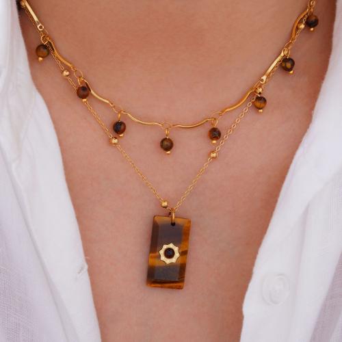 Acier titane collier, avec oeil de tigre, Placage de couleur d'or, styles différents pour le choix & pour femme, Longueur:Environ 16-18 pouce, Vendu par PC