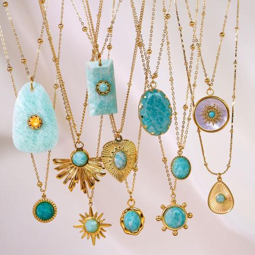 Acier titane collier, avec Amazonite & coquille, Placage de couleur d'or, styles différents pour le choix & pour femme, Longueur:Environ 16-18 pouce, Vendu par PC