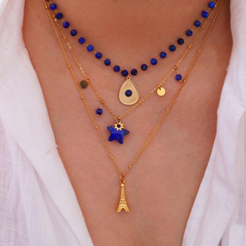 Acier titane collier, avec pierre gemme, Placage de couleur d'or, styles différents pour le choix & pour femme, Longueur:Environ 16-18 pouce, Vendu par PC