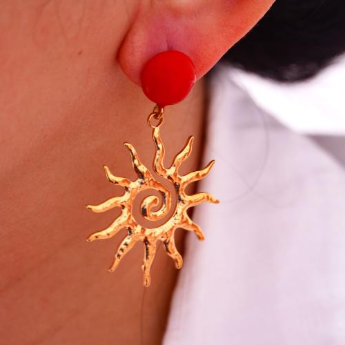 Titanium Steel Drop Earring, Sun, gold color plated, for woman & enamel, 30x55mm, Sold By Pair