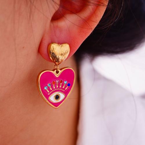 304 Stainless Steel Drop Earring, Evil Eye, gold color plated, for woman & enamel, 20x35mm, Sold By Pair