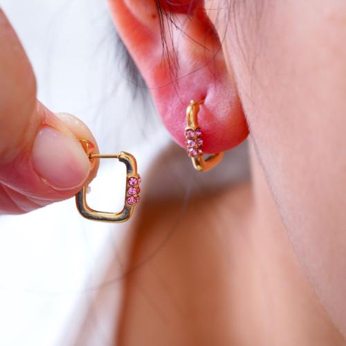 Titanium Steel Stud Earring, Geometrical Pattern, gold color plated, for woman & with rhinestone, 10x20mm, Sold By Pair