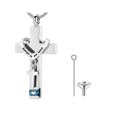 304 Stainless Steel Cinerary Casket Pendant, with Glass Rhinestone, Cross, silver color plated, DIY, more colors for choice, 46x16x6mm, Sold By PC
