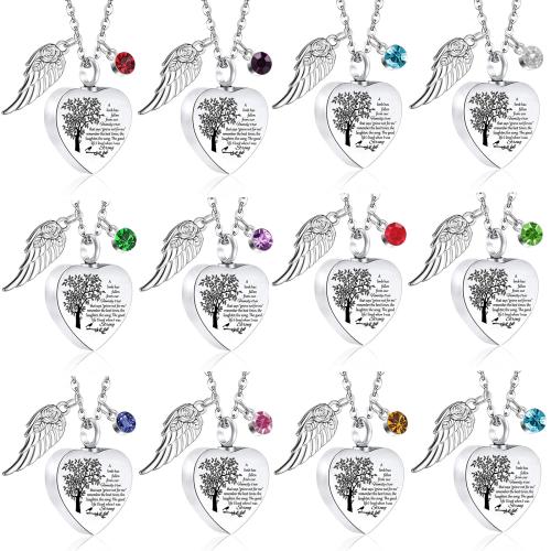 304 Stainless Steel Cinerary Casket Necklace, with Glass Rhinestone, Heart, plated, DIY, silver color, 25x20x6mm, Sold By PC
