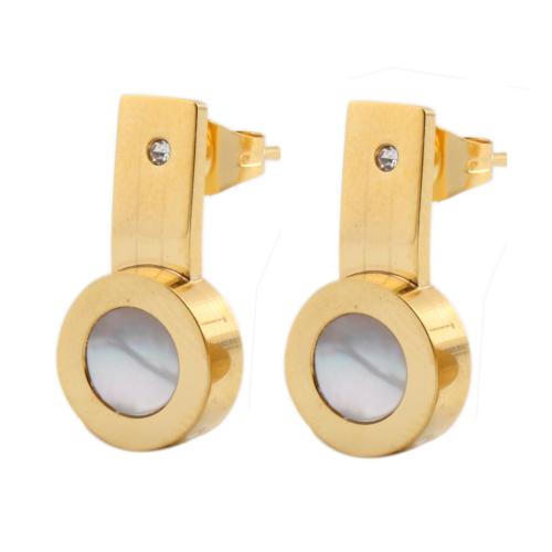 Titanium Steel Stud Earring, with White Shell, Round, gold color plated, for woman & with rhinestone, 10x20mm, Sold By Pair