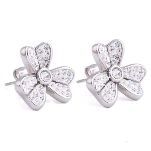 304 Stainless Steel Stud Earring, Flower, for woman & with rhinestone, 10mm, Sold By Pair
