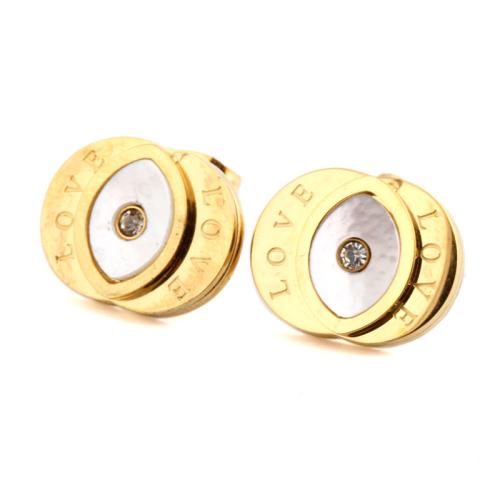 Titanium Steel Stud Earring, with White Shell, gold color plated, with letter pattern & for woman & with rhinestone, 10mm, Sold By Pair